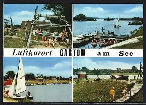 AK Gartow / Elbe, Boote am Steg und Kinder auf dem Spielplatz