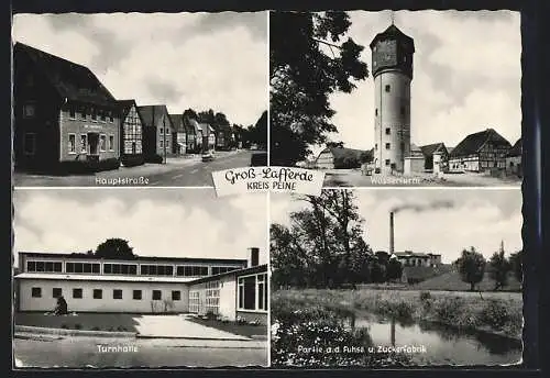 AK Gross-Lafferde /Peine, Hauptstrasse, Wasserturm und Turnhalle