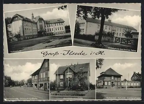 AK Gross-Ilsede i. H., Volksschule, Mittelschule, Gerhardstrasse mit Glückauf-Apotheke, Gemeindeverwaltung