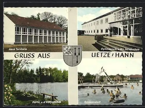 AK Uetze /Hann., Neue Turnhalle, Gymnasium u. Krs. Berufsschule, Kötjemühle, Badeanstalt