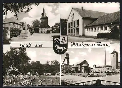 AK Hänigsen /Han., Ehrenmal und Kirche, Schule, Freibad zur Hochsaison, Industrieanlage