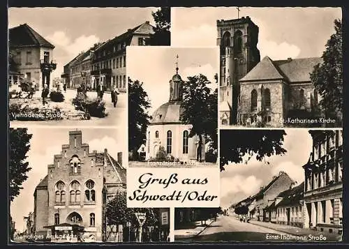 AK Schwedt, Ersnt-Thälmann-Strasse, ehemaliges Amtsgericht, St.-Katharinen-Kirche & Vierradener Strasse