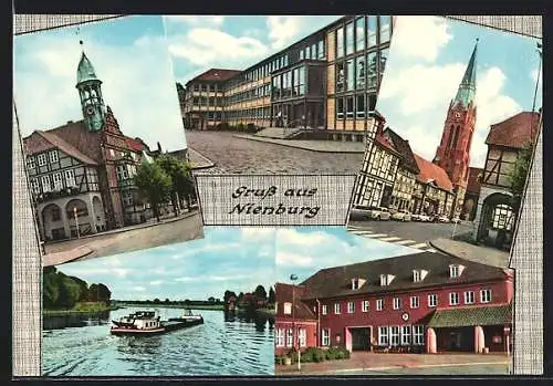 AK Nienburg /Weser, Rathaus, Kreishaus, Martinskirche, Bahnhof, Weserpartie