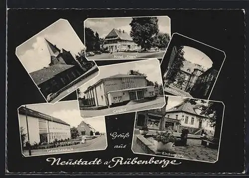 AK Neustadt a. Rübenberge, Das Hotel Stern, das Capitol Stadttheater, Gewerbeschule, Kirche, Landestrost