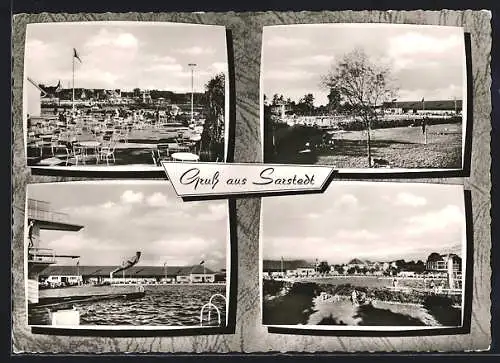 AK Sarstedt /Hann., Freibad mit Café-Terrasse, Sprungturm und Liegewiese