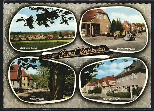 AK Bad Rehburg, Hotel Steinhoff, Bahnhofstrasse, Neuestrasse, Ortsansicht vom Kamp