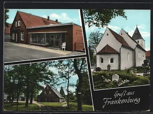 AK Frankenburg, Gemischtwarenhandlung, Kirche mit Friedhof