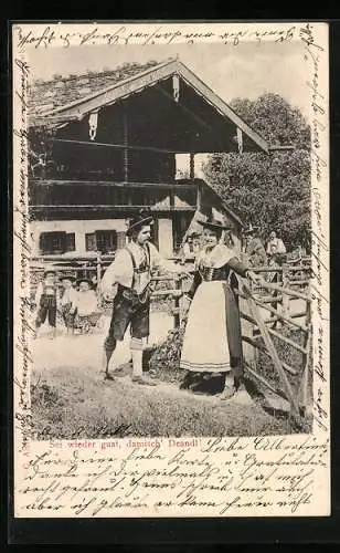 AK Mann und Frau in bayerischer Tracht, Kinder mit Leiterwagen