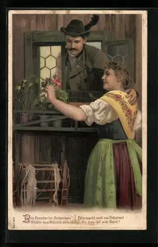 Künstler-AK Mann und Frau in bayerischer Tracht am Fenster