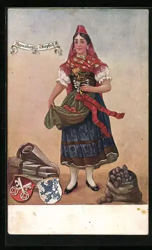 AK Regensburg, Frau in Tracht, Wappen