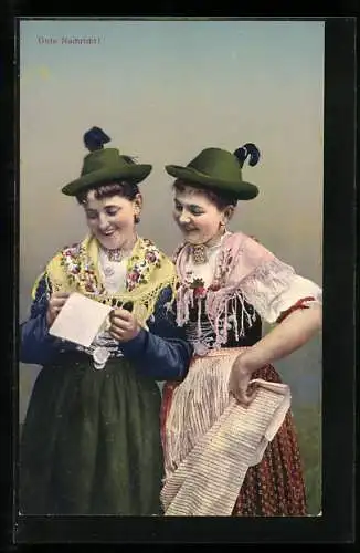 AK Gute Nachricht!, bayrische Mädels in Tracht