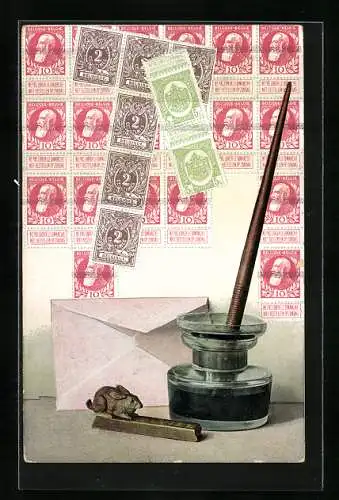 AK Tintenfass, Federhalter, Briefumschlag und belgische Briefmarken