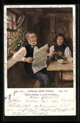 AK Freiburg / Breisgau, älteres Paar liest am Tisch Freiburger Zeitung
