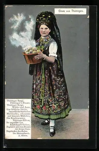 AK Frau in thüringischer Tracht mit einer Schüssel voller Klösse