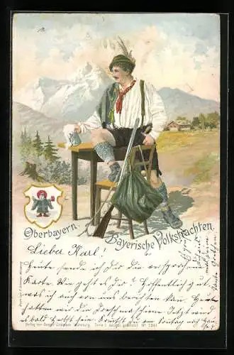 Lithographie Oberbayern, Schütze in bayerischer Tracht mit Gewehr und Bierkrug, Wappen