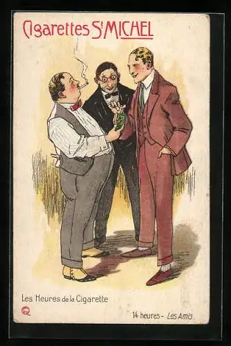 AK Drei Herren unterhalten sich und rauchen, Reklame für St. Michel-Tabak