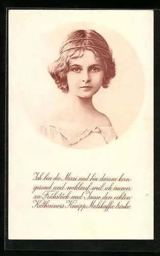 AK Portrait eines jugendlichen Mädchens, Reklame für Kathreiners Kneipp Malzkaffee