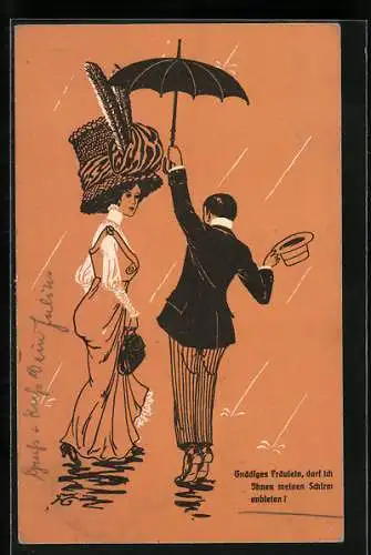 Künstler-AK Herr hält einem Fräulein mit Hut den Schirm