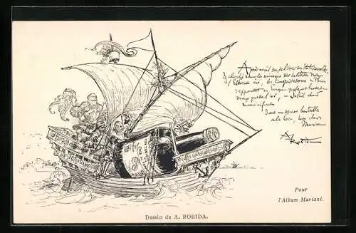 Künstler-AK Segelschiff mit riesiger Marianiflasche, Reklame