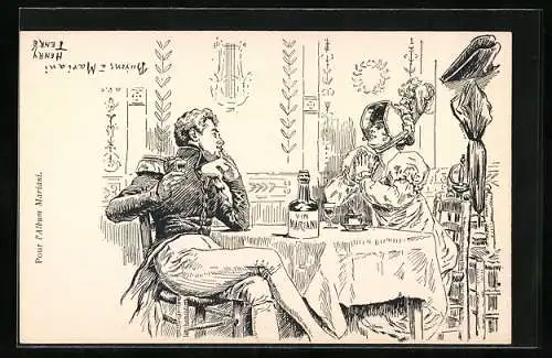Künstler-AK Soldat mit Dame am Tisch, Mariani-Wein, Reklame