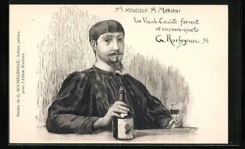 Künstler-AK Mann mit Mariani-Wein am Tisch, Reklame