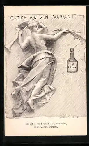 Künstler-AK Halbnackte Schönheit mit Mariani-Wein und Trompete, Reklame