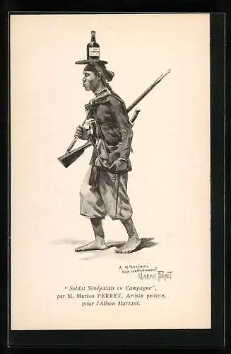 Künstler-AK Soldat mit Mariani-Wein auf dem Kopf, Reklame