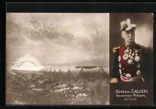 AK Général Galliéni, Gouverneur Militaire de Paris, Die Sonne des Sieges steigt über dem Schlachtfeld auf