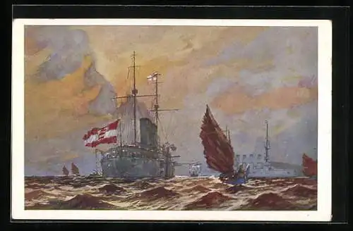 Künstler-AK Harry Heusser: österr. Kriegsschiff S.M.S. Kaiserin Elisabeth vor Kiautschau