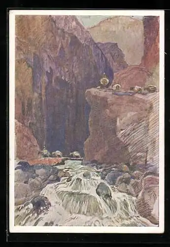 Künstler-AK Pamir-Expedition, Reissender Fluss durch enge Schlucht