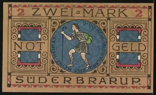 Notgeld Süderbrarup, 1920, 2 Mark, Frau mit Getreidebündel und Wanderer