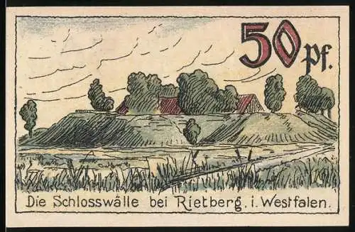 Notgeld Rietberg 1921, 50 Pfennig, Schlosswälle und Landschaftsszene