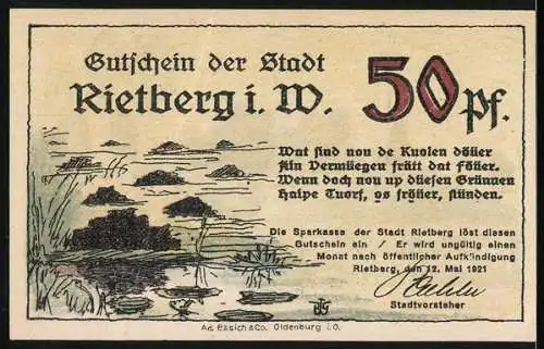 Notgeld Rietberg 1921, 50 Pfennig, Schlosswälle und Landschaftsszene