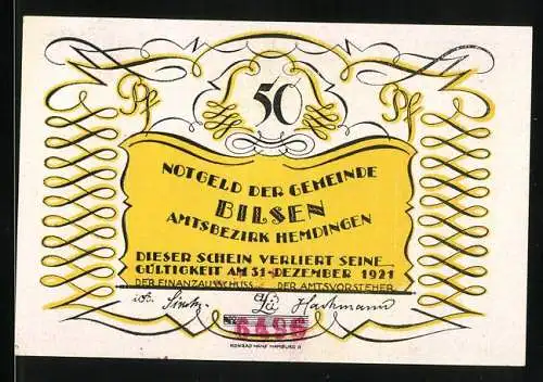 Notgeld Bilsen 1921, 50 Pfennig, Gelb-Schwarz mit Schrift und Liebespaar Umarmung