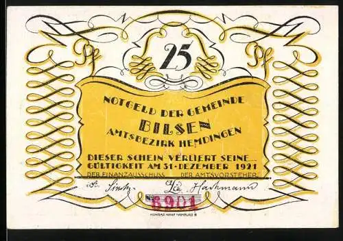 Notgeld Bilsen, 1921, 25 Pfennig, Gelbes Design mit Text und Bogenschütze-Motiv