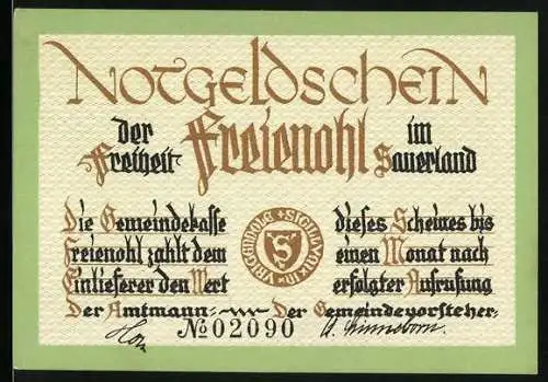 Notgeld Freienohl, 25 Pfennig, Landschaftsszene und Text von F.W. Grimme