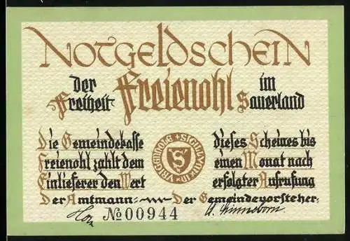 Notgeld Freienohl, 1 Mark, Motiv mit Landschaft und Gedicht von F.W. Grimme