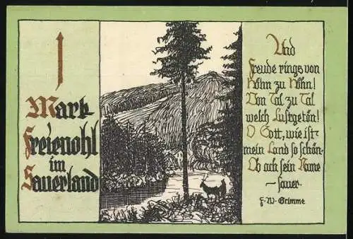 Notgeld Freienohl, 1 Mark, Motiv mit Landschaft und Gedicht von F.W. Grimme