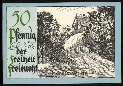 Notgeld Freienohl, 50 Pfennig, der Freiheit Freienohl, Haus an einem Weg, Sauerland