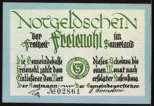 Notgeld Freienohl, 50 Pfennig, der Freiheit Freienohl, Haus an einem Weg, Sauerland