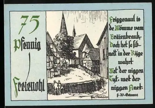 Notgeld Freienohl, 1920, 75 Pfennig, Ansicht einer Strasse mit Kirche und Fachwerkhäusern