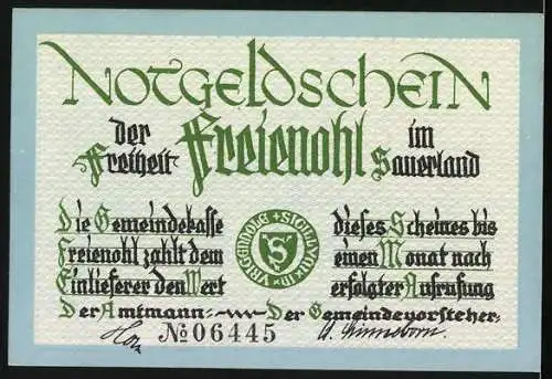 Notgeld Freienohl, 1920, 75 Pfennig, Ansicht einer Strasse mit Kirche und Fachwerkhäusern