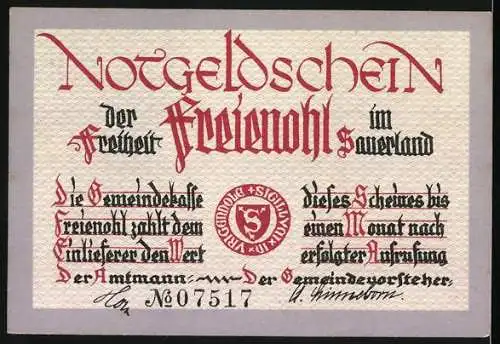 Notgeld Freienohl, 50 Pfennig, der Freiheit Freienohl, Hannes holt die Links!