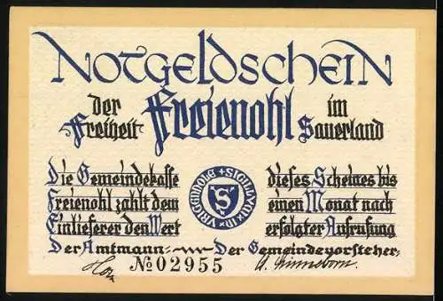 Notgeld Freienohl, 50 Pfennig, Freiheit Freienohl, Landschaft mit Bauernhaus, 02955