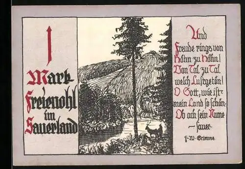 Notgeld Freienohl im Sauerland, 1 Mark, Illustration von Landschaft mit Bäumen und Gedicht von F.W. Grimme