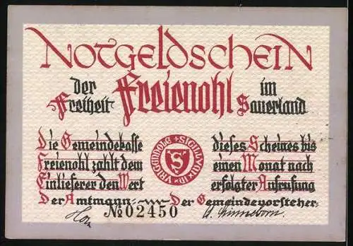 Notgeld Freienohl im Sauerland, 1 Mark, Illustration von Landschaft mit Bäumen und Gedicht von F.W. Grimme