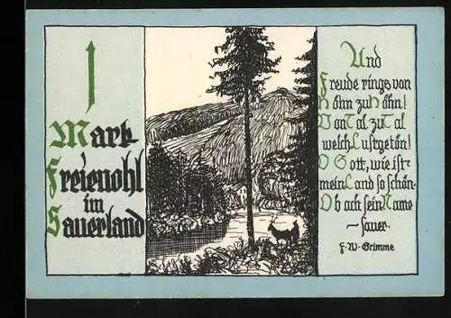 Notgeld Freienohl im Sauerland, 1 Mark, Waldszene und Gedicht, Serienschein mit Siegel und Nummer