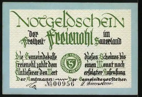 Notgeld Freienohl im Sauerland, 1 Mark, Waldszene und Gedicht, Serienschein mit Siegel und Nummer