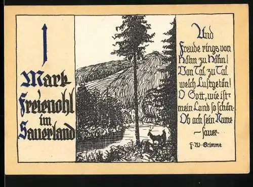 Notgeld Freienohl im Sauerland, 1 Mark, Landschaftsmotiv und Gedicht F.W. Grimme, Nummer 05515