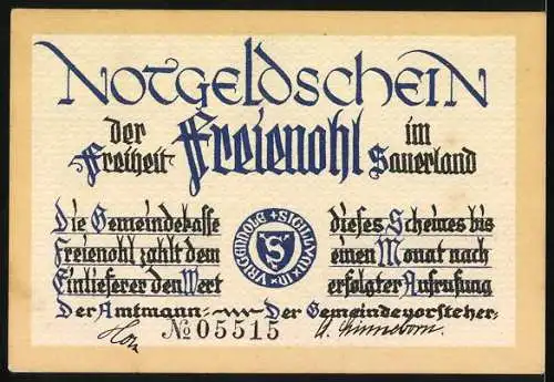 Notgeld Freienohl im Sauerland, 1 Mark, Landschaftsmotiv und Gedicht F.W. Grimme, Nummer 05515